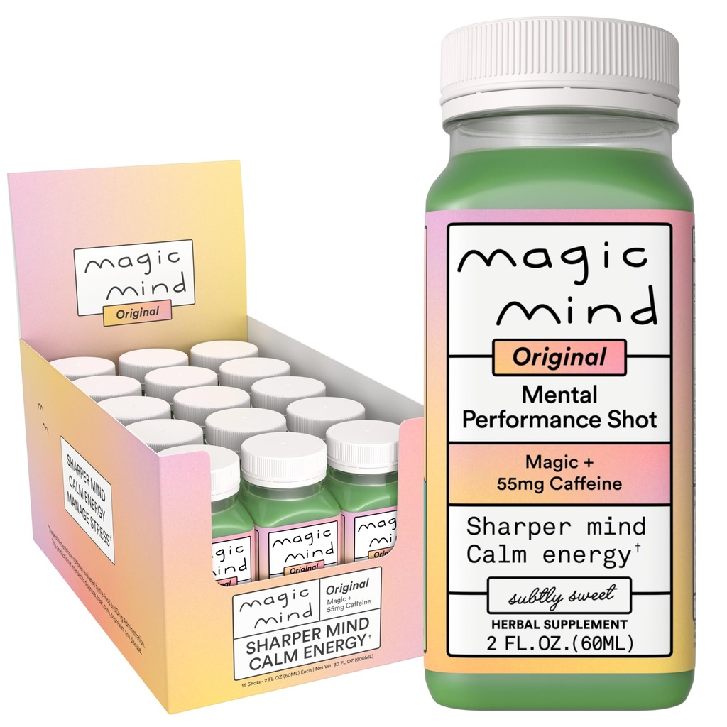 Magic Mind Energie en Focus Drink Shots - Stress Relieving, Geen Jitters, Ashwagandha, Vitamine B12, Vitamine C, Matcha Groene Thee, Functionele Paddenstoelen - 2 FL Oz (15 Pack)