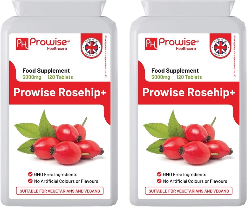 Rosehip Health+ (paquet de 2) 5000mg 120 comprimés - BPF fabriqués au Royaume-Uni Qualité garantie - Convient aux végétariens et végétaliens par Prowise Healthcare