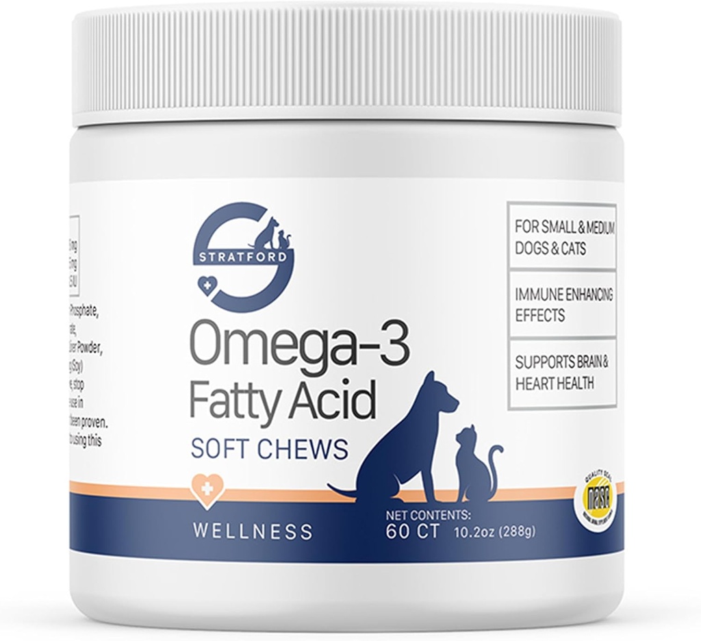Stratford Pharmaceuticals EZ Kauw Omega 3 Fatty Acid Zachte Kauw Max Strength - Honden Omega 3 Supplement - Zachte Kauw Treats met visolie voor honden - Kleine en middelgrote honden - 60 Zachte Kauwen