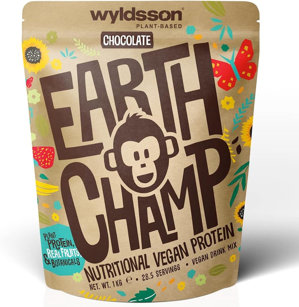 Poudres de protéines végétales (1kg) - 28 portions - EarthChamp by Wyldsson - Poudre de protéines de chocolat à base végétale Shake - Sans lait - Sans lactose (Choc)