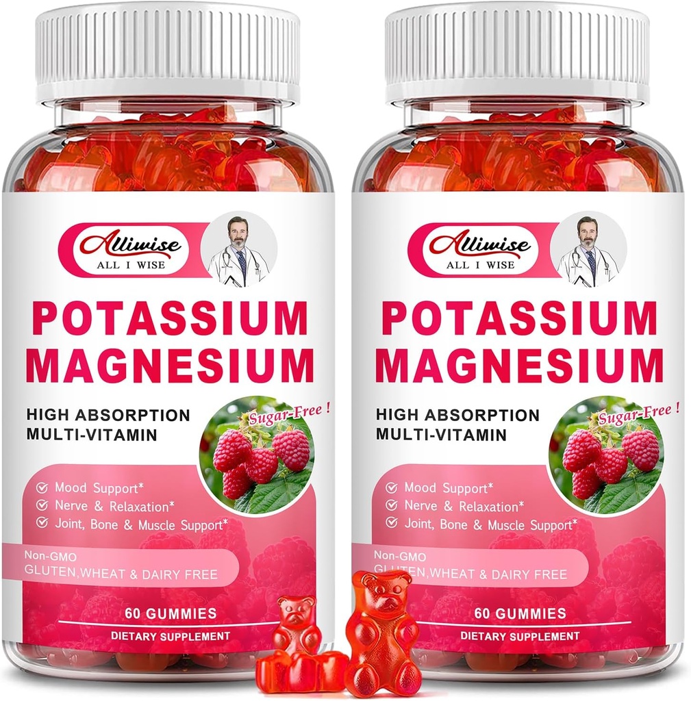 2 Pack Kalium Magnesium Supplement Gummies - Kalium citraat en Magnesium Glycinate voor benen krampen en spier, Mood & Relaxation, energie ondersteuning met vitamine B6, D3, C Raspberry Flavor