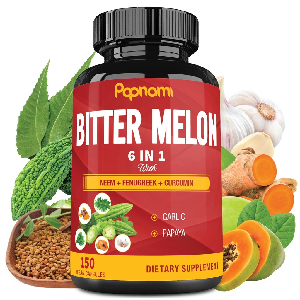 Organische Bitter Meloen Extract Capsules - Gecombineerde Neem, Fenegriek, Curcumine, Knoflook & Papaya - 150 Tellen gedurende 5 maanden - Ondersteunt Lichaam, Digestief, Huid, Immune & Algemene Wellness