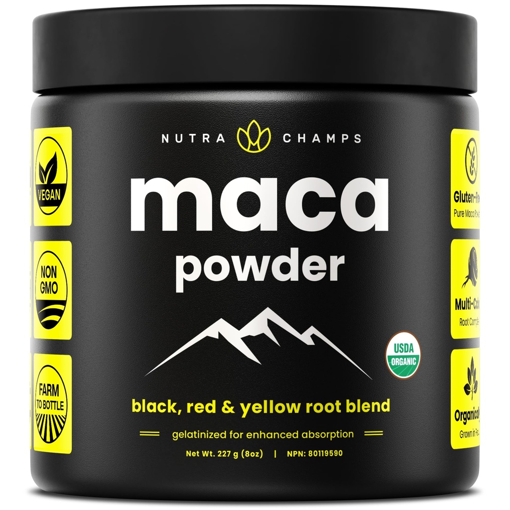 Poudre de maca biologique - Mélange de maca cultivé péruvien avec des racines jaunes, noires et rouges - Gélatinisé pour une biodisponibilité supérieure - Naturel, végétalien et non-OGM, 8oz