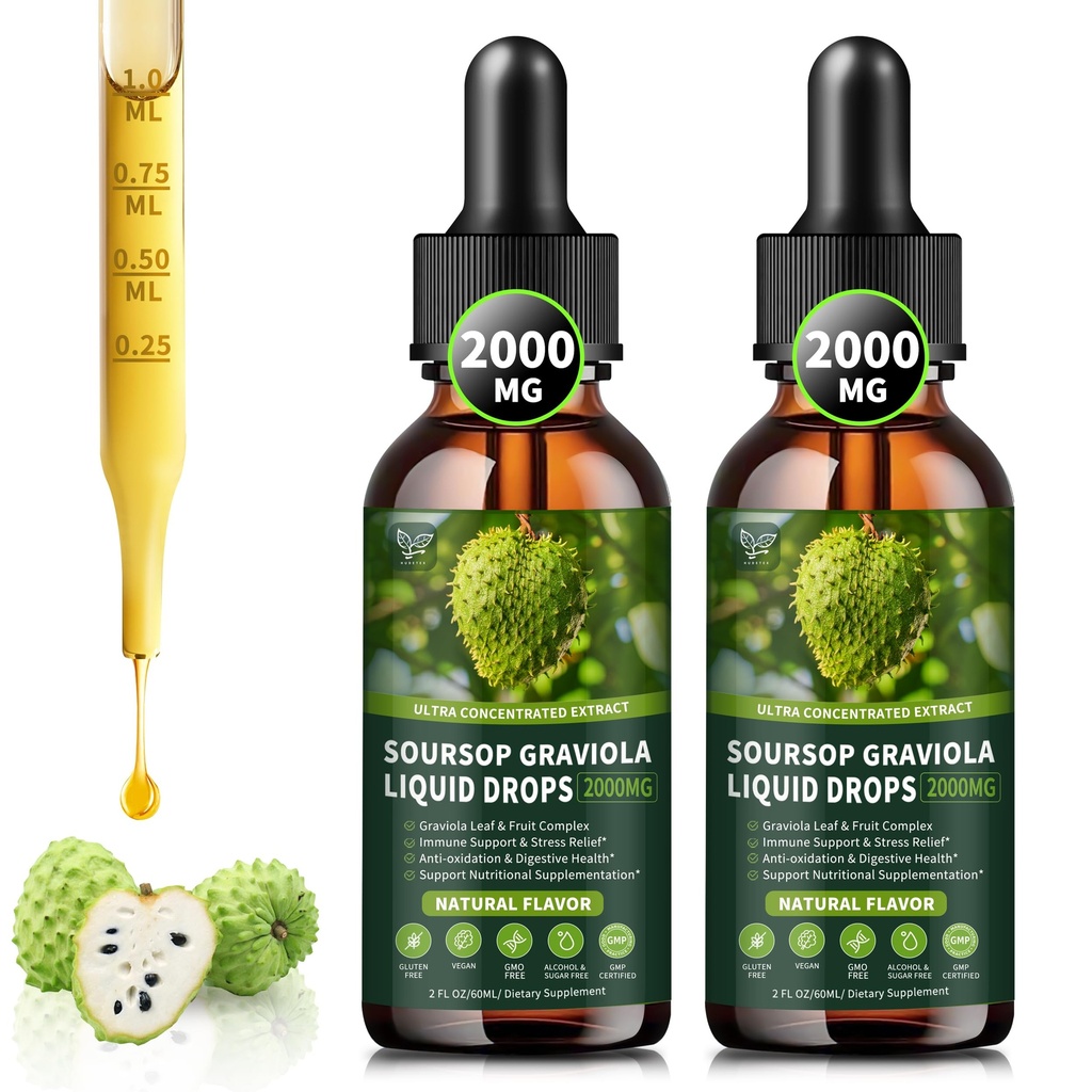 (2 Pack) Sousop Graviola Liquid Drops 2000mg, 98% Absorptie voor Cell Support & Regeneration, Immune Boost, Lever, Kruidengoed, Sousop Bitters Liquid-Sugar/Gluten Free, Natural Flavor, 4 Fl Oz