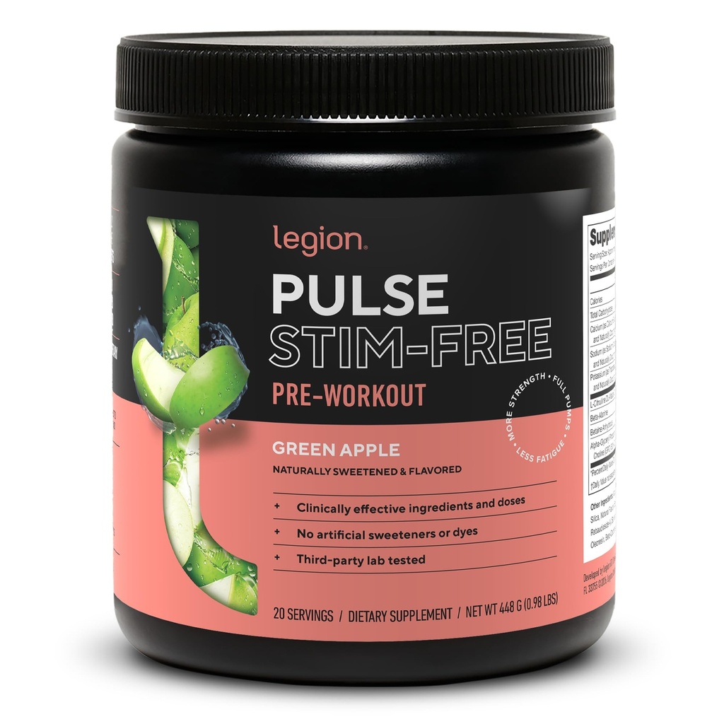 LÉGION Pulse Pre Workout Supplément - Tous les oxydes naturels de pré-entraînement boisson pour stimuler l'énergie, libre de créatine, naturellement sucré, Beta Alanine, Citrulline, Alpha GPC (Caffeine Green Apple)