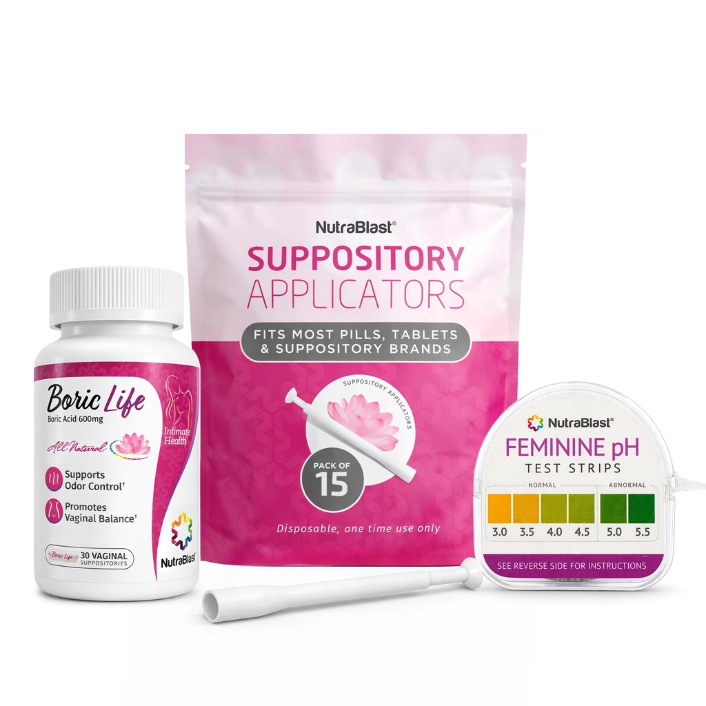 Acide borique NutraBlast Suppositoires vaginaux 600mg (30 Nombre) avec/Applicateurs de suppositoire vaginal jetables (15-Pack) et bandes d'essai du pH féminin 3,0-5,5 (100 test Roll)