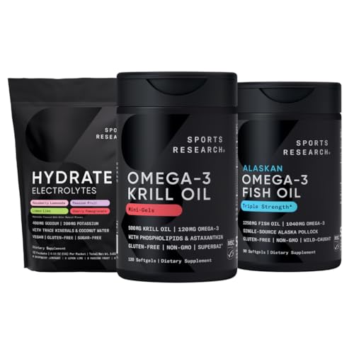 Sport Onderzoek Antarctische Krillolie Omega 3 Mini-Softgels 500mg met Fosfolipiden, Choline, Astaxanthine, Triple Strength Omega 3 Burpless Fish Oil 1250mg, Suikervrije Multi Flavor Hydrate Elektrolyten