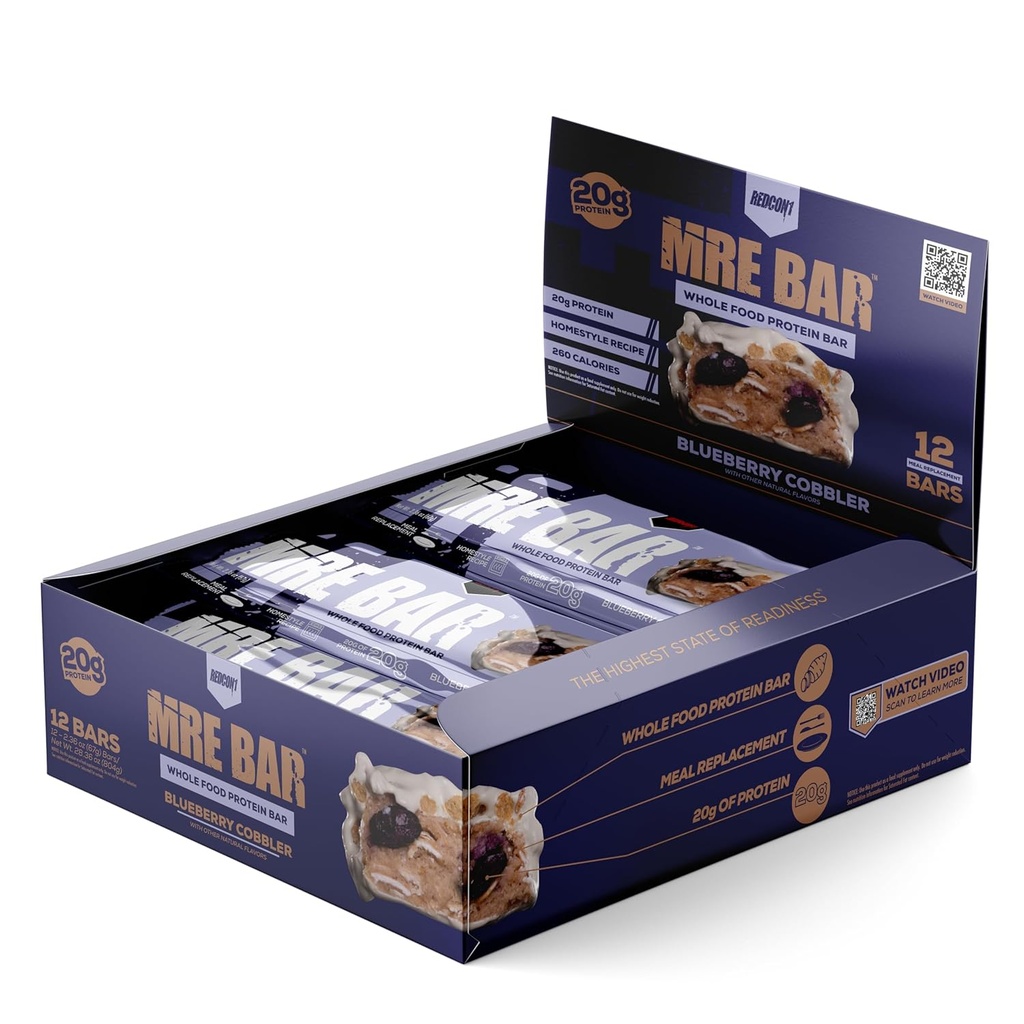 REDCON1 MRE Protein Bar, Blueberry Cobbler - Bevat MCT olie + 20g van Whole Food Protein - gemakkelijk te onderscheiden, Macro Balanced Low Sugar Meal Vervanging Bar (12 Bars)