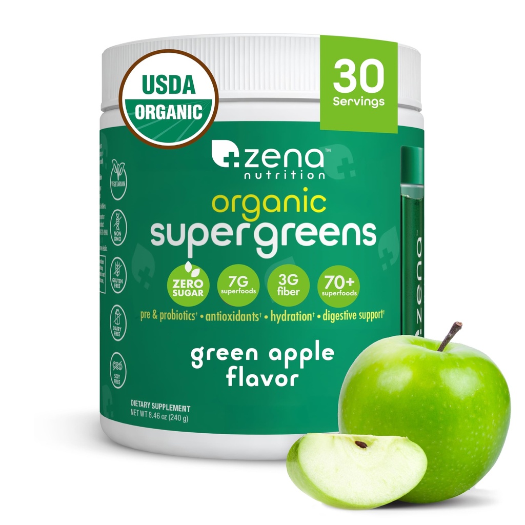 Zena Nutrition Organic Super Greens Powder, 70+ Superfoods, 0 Sugar, 3G Fiber, Spirulina, Chlorella, Paddenstoelen, Prebiotica/Probiotica, Digestieve Enzymen voor Gut Health, Groene Apple, 30 porties