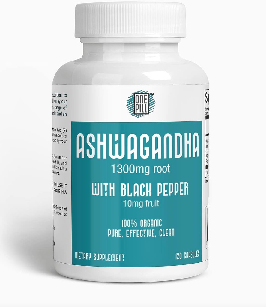 ASHWAGANDHA 1300 mg biologische wortel met zwarte peper. Natural Stress and Mood Support Supplement 120 Capsules