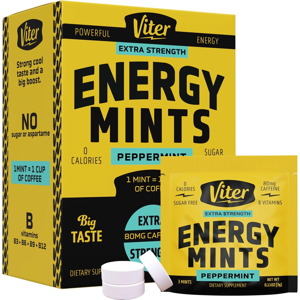 Viter Energie Cafeïne Mints 80mg Extra sterkte - 90 stuks Gecafeineerd met B Vitaminen. Suikervrije Veganistische ademmunt. Activeer Nootrope Focus Booster voor snelle alertheid (Peppermint smaak, 30 Pack)