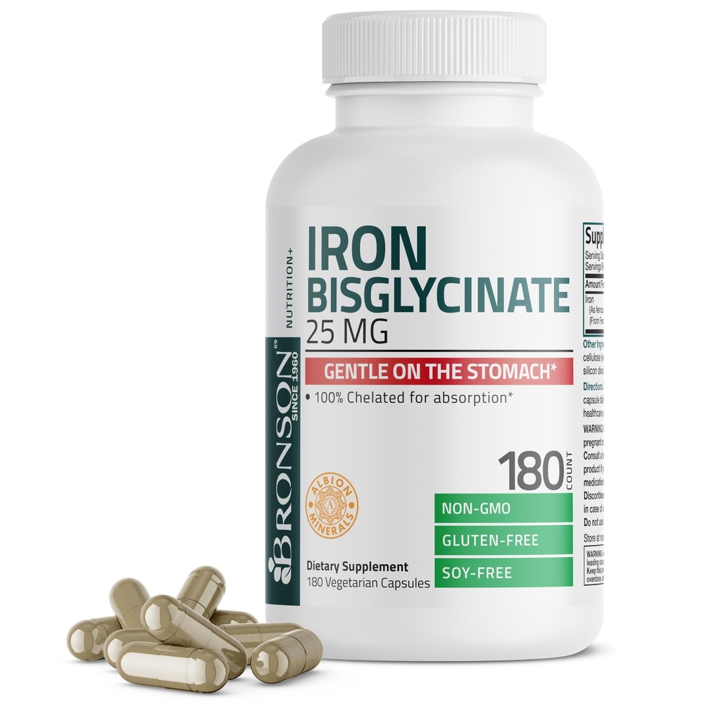 Bronson Iron Bisglycinate 25 mg Zacht op de maag, Ondersteunt energie en gezonde rode bloedcelproductie - niet-consciperende formule - niet GGO, 180 Vegetarische capsules