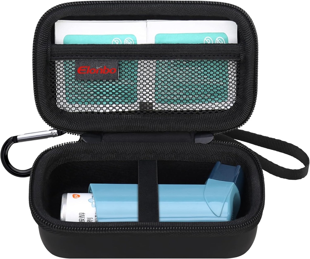 Elonbo Astma Inhalator Carrying Case, Travel Organise Holder Bag voor Ventolin Inhaler, Extra Interieur Mesh Pocket Past Astma Medication, Black+Inside Black (AlleEN KASSE! Inhalator Geneeskunde niet inbegrepen)