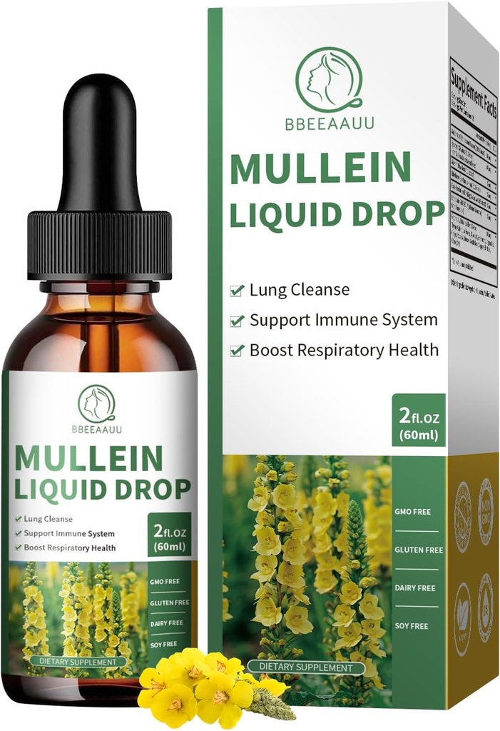(2 paquets) Gouttes de Mullein pour les poumons, extrait de feuille de Mullein de 16 en 1 800MG pour le nettoyage pulmonaire, respiratoire, immunitaire, avec Quercetin, Marshmallow, Graine de cumin noir, Elderberry, non-OGM, 2 Fl Oz