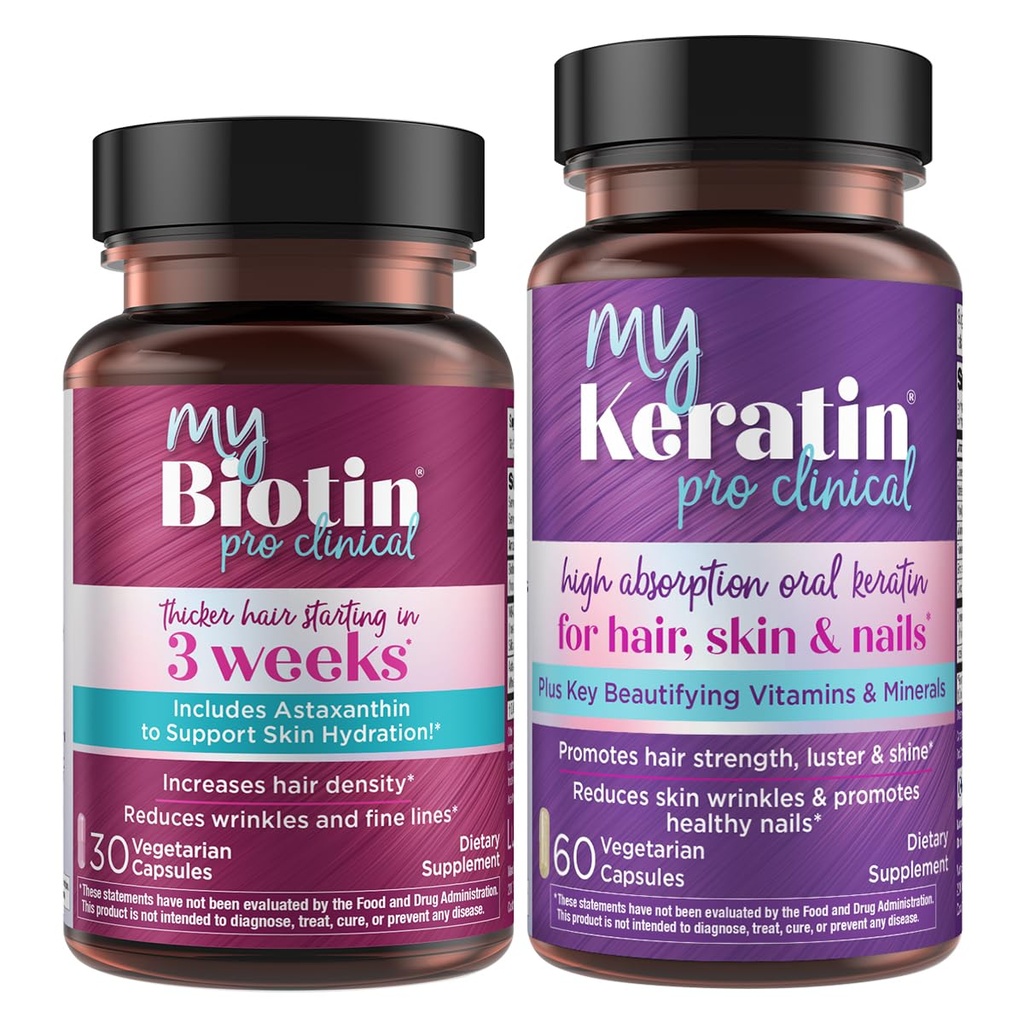 Purety Products Bundle - MyBiotin ProClinical + MyKeratin Advanced Hair Therapy MyBiotin ProClinical (Biotin, MB40X Matrix, Astaxanthin) - MyKeratin (Prochaine génération de cheveux, peau et ongles kératine)