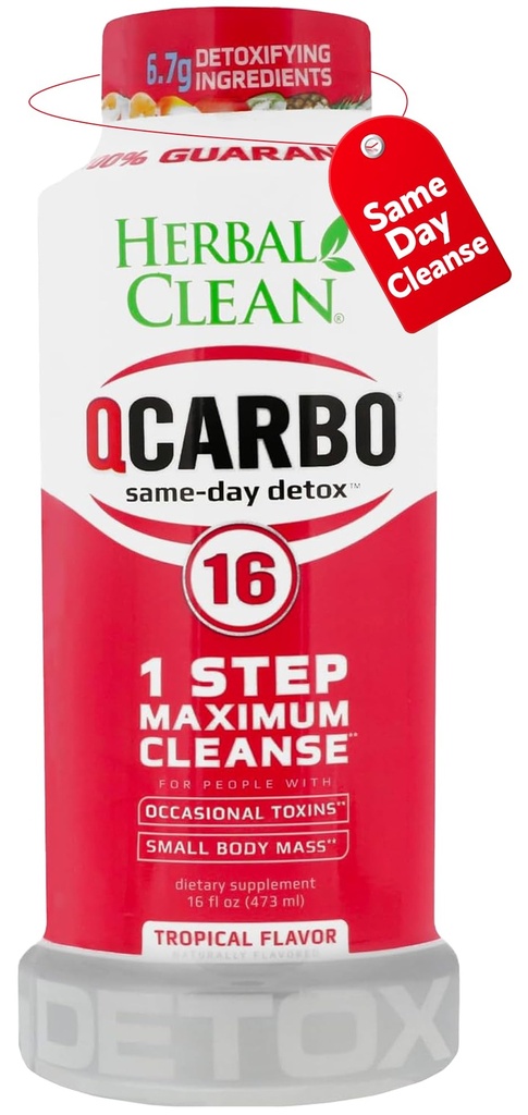 Herbal Clean Qcarbo16 Detox Cleanse Drink de même jour (16 fl oz) - Saveur tropicale Nettoyage complet du corps* Detox Drink for Modéré Texin Level*, Vitamine B2 et Vitamine B12 pour hommes et femmes