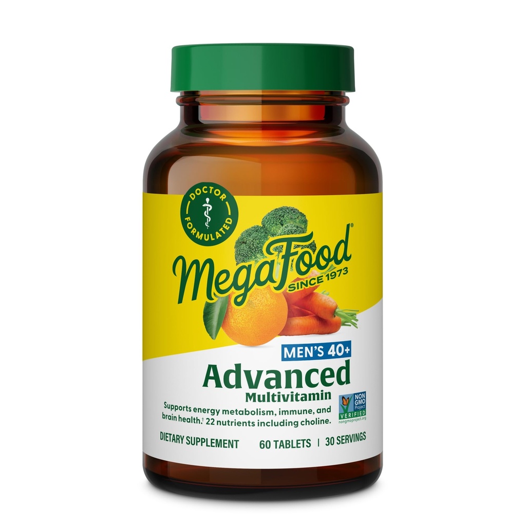 MegaFood Men's 40+ Advanced Multivitamine for Men - Dr-Formulated - Choline, Vitamine B, Vitamine C, Vitamine D, Zink & Real Food - Hersengezondheid, Immuunondersteuning - Vegetarisch - 60 Tabs (30 Servers)