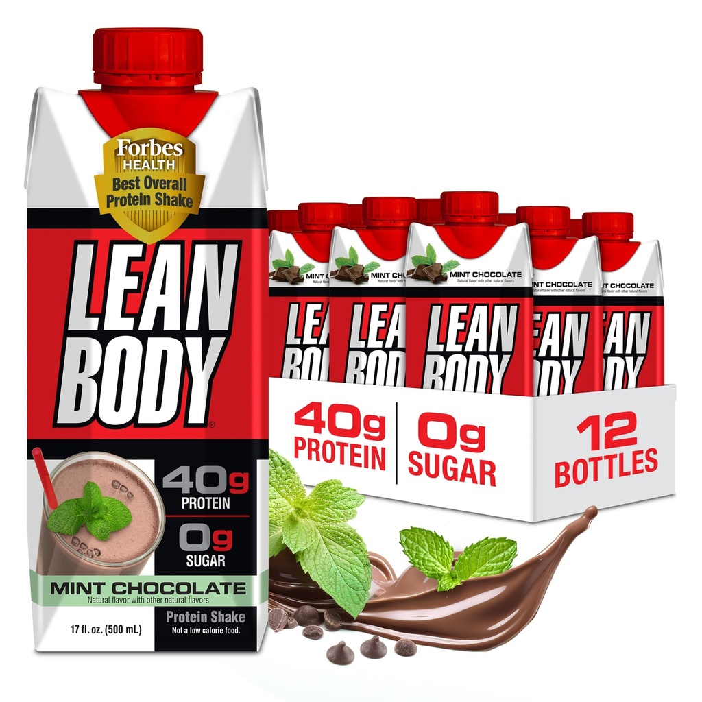 Labrada Lean Corps prêt à boire Chocolate de menthe, 40g de protéines, mélange de lactosérum, 0 sucre, sans gluten, 22 vitamines et minéraux, (carton recyclable et couvercle - boîte de 12) LABRADA