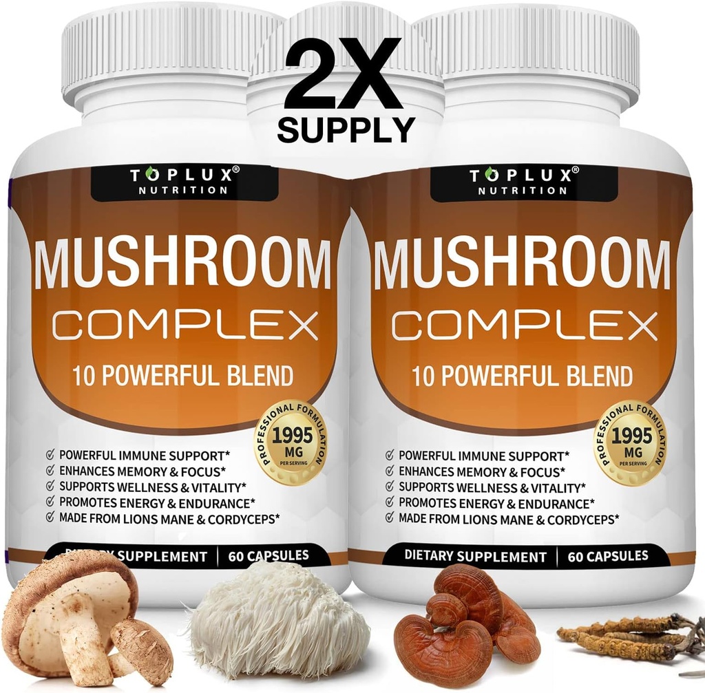 Supplément de champignons Toplux Lions Mane & Cordyceps Reishi Chaga 10 Mélange de champignons biologiques pour soutenir le système immunitaire, la mémoire, le focus et la clarté et augmenter l'énergie, pour les hommes femmes, 60 capsules