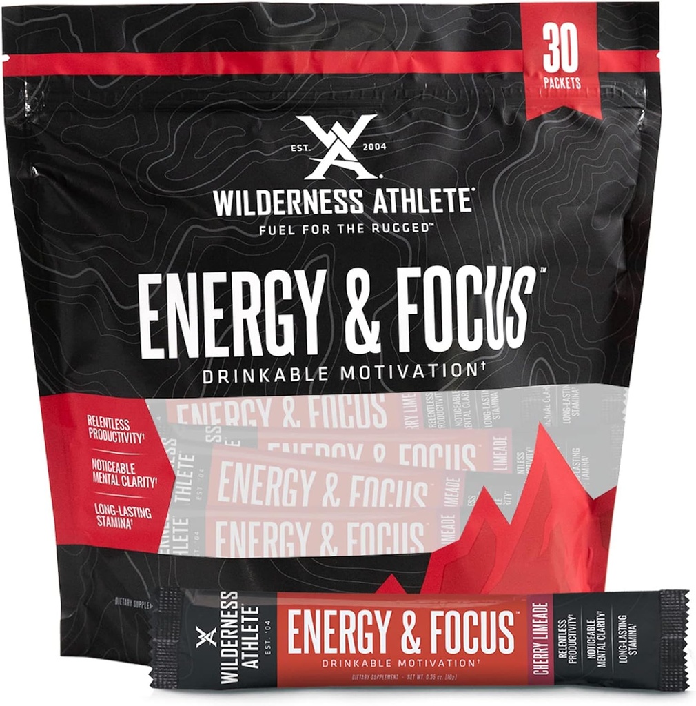 Wilderness Atlete - Energy & Focus . . Energy Booster voor vrouwen en mannen - Energy Drink Mix met natuurlijke cafeïne - Low-Carb, Zero Sugar Energy Drink Powder - 30 Serving Energy Drink Packets (Cherry)