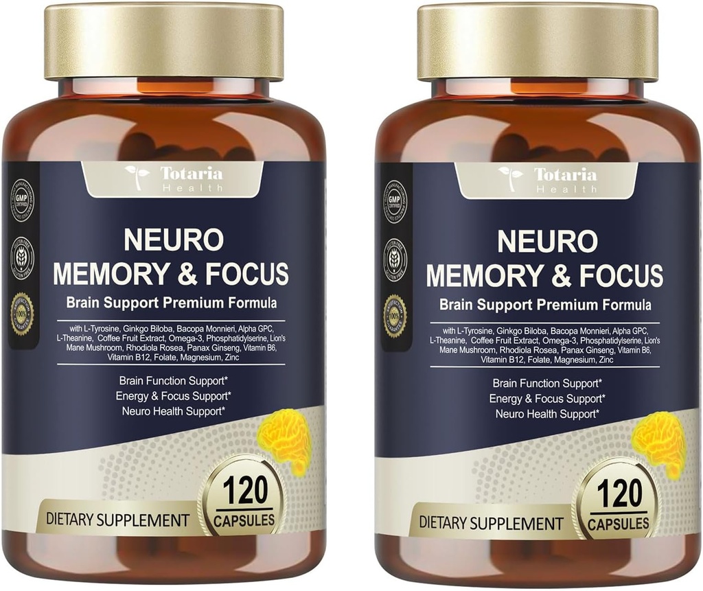 Totaria C-ognitive avec pilules caféines, L-Tyrosine, Alpha GPC, Ginkgo Biloba, Bacopa Monnieri Supplément Cerveau pour Mémoire et Focus, Soutien Nootropique Cerveau - Non-OGM, Sans gluten (120 comtes)