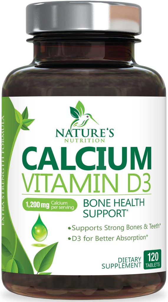 Supplément de calcium avec vitamine D3-1200 mg Calcium par portion avec D3 pour la meilleure absorption - Supports Imune Health, Bones & Dents - Le calcium de la nature est mis en bouteille aux États-Unis pour les femmes et les hommes - 120 comprimés