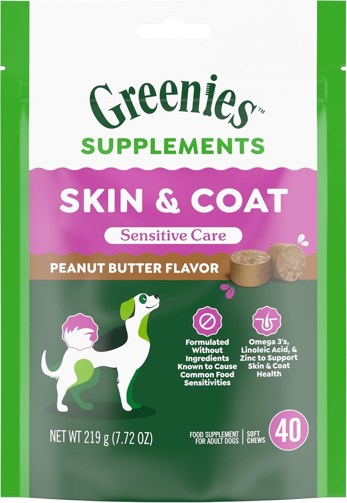 Greenies Sensitive Care huid en jas supplement voor honden met visolie voor honden Kip-gratis Formula Hondensupplement, Pindakaas smaak, 40-Count Zachte Kauwen
