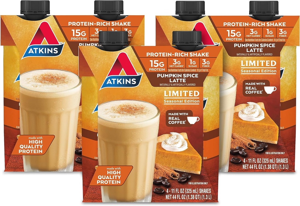 Atkins Pumpkin Spice Latte, 15g Proteïne, 3g Net Carbs, 1g Suiker, Lage Glykemie, Keto Friendly, 12 Tellen