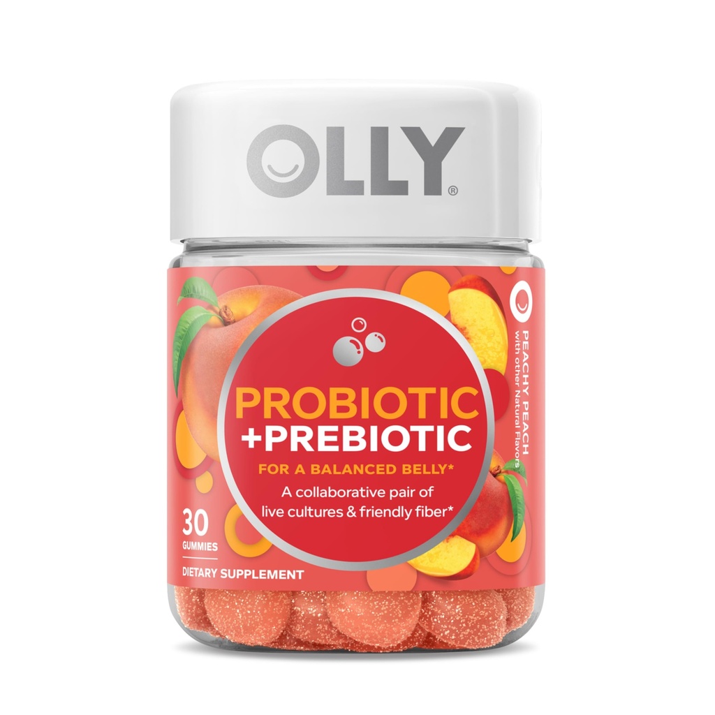 OLLY Probiotic + Prebiotic Gummy, 500 Miljoen CFUs, FOS, Adult Chewable Supplement voor mannen en vrouwen, Peach Flavored, 30 Day Supply - 30 Tellen