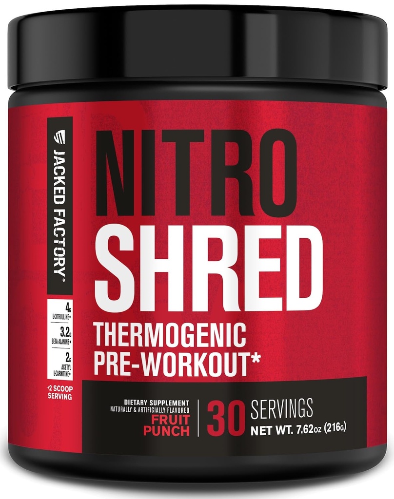 Ge Jacked Factory NITROSURGE Shred Pre Workout Supplement - Energie Booster, Instant Strength Gains, Sharp Focus, Krachtige Pumps - Nitric Oxide Booster & PreWorkout Powder - 30Sv, Fruit Punch