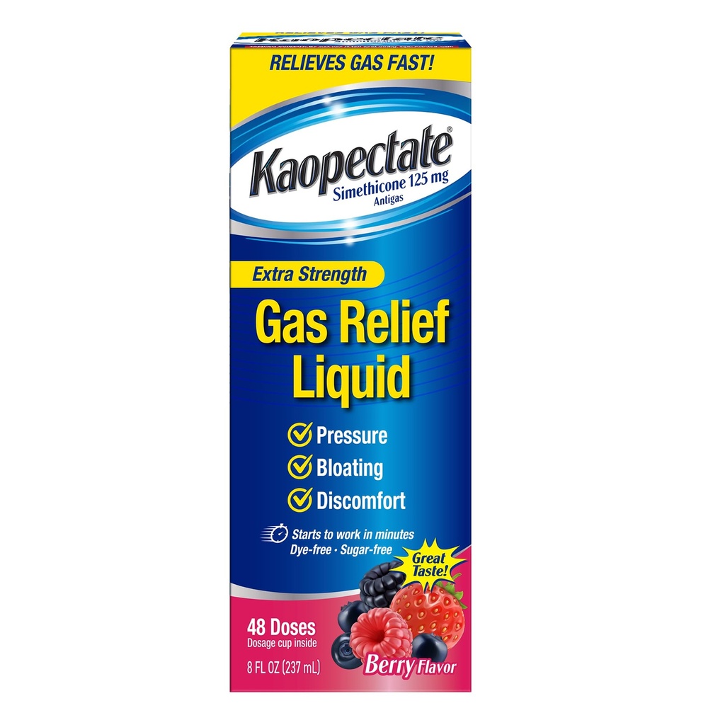 Kaopectate Extra Strength Gas Relief Liquid, mélange d'arôme de baies, soulage le gaz, le ballonnement et la pression, Siméthicone 125 mg, 8 oz