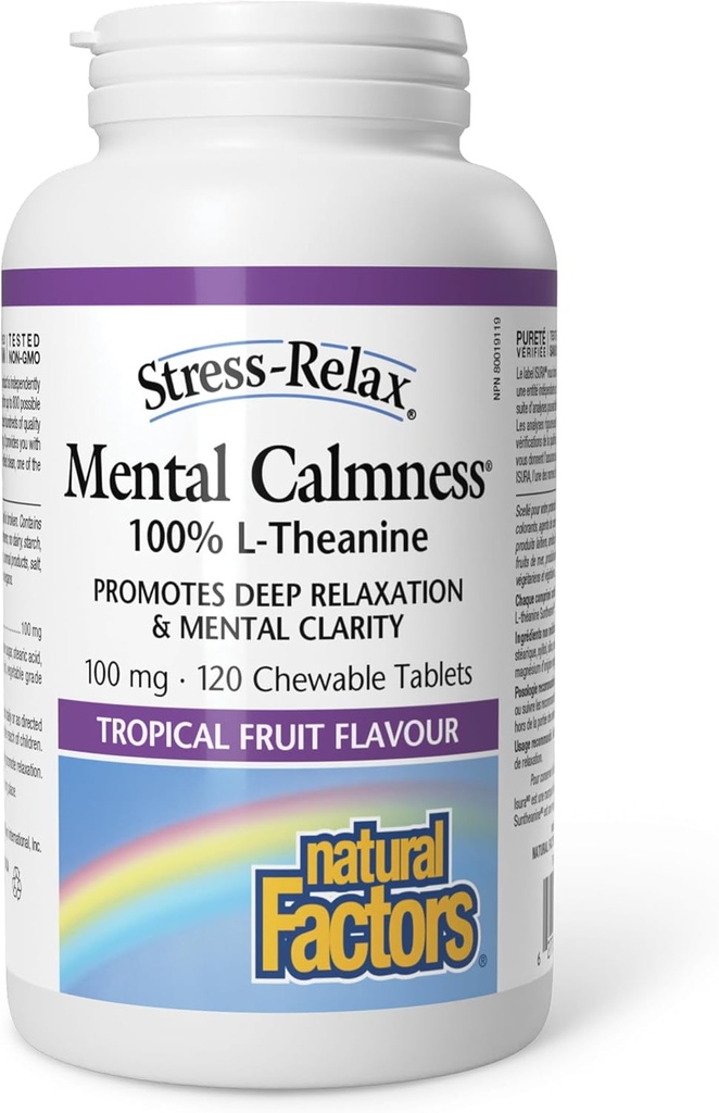 Stress-Relax Chewable Suntheanine L-Theanine 100 mg par facteurs naturels, support de stress non somnolent pour le calme mental et la relaxation, saveur de fruits tropicaux, 120 comprimés