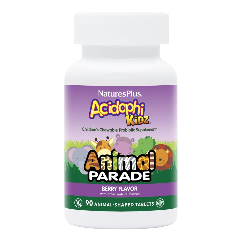 NaturesPlus Animal Parade AcidophiKidz, Berry Flavor - 90 Kauwbare, dierlijke tabletten - met Probiotica, FOS & Grape Seed - 90 Totaal porties