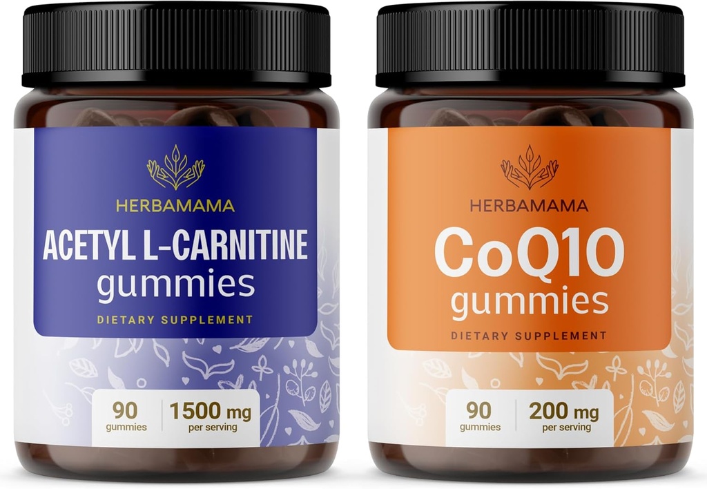 HERBAMAMA L-Carnitine en CoQ10 Kit - bundel van 1500 mg acetaat L-Carnitine & 200 mg Co-enzym Q10 Gummies - Vegan, Non-GMO, Gelatine-Free - 2 Pack