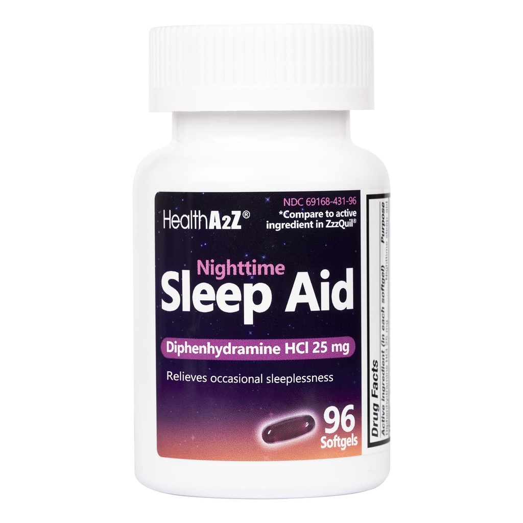 HealthA2Z Slaaphulp, Difenhydramine HCl 25mg Softgels, Ondersteunt Dieper, Rustvol Slapen, Niet Habit-Forming (96 Softgels)