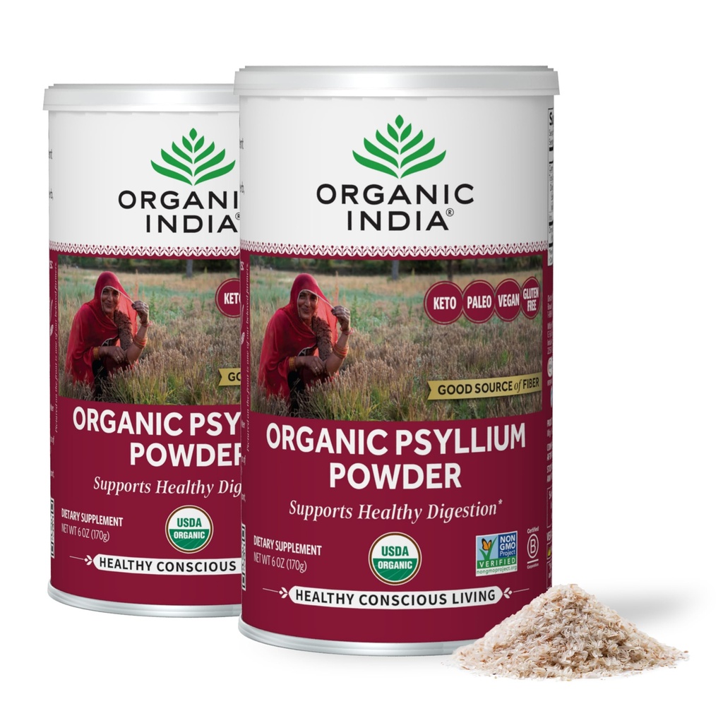 INDE ORGANIQUE Poudre de Psyllium Organique - Supplément de Psyllium à grains fins, Support de digestion, Vegan, Sans gluten, Non-OGM, Source de fibre - 6 oz (paquet de 2)