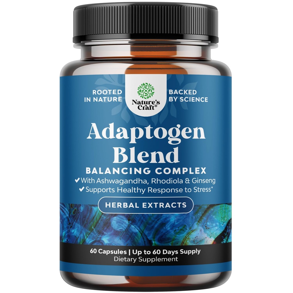 Herbal Adaptogen Mood Support Supplement - Calming Adaptogens Supplement for Stress & Cortisol Management with Ashwagandha Rhodiola Rosea & Maca Root - Vegan Non GG & Daytime Friendly - 60ct
