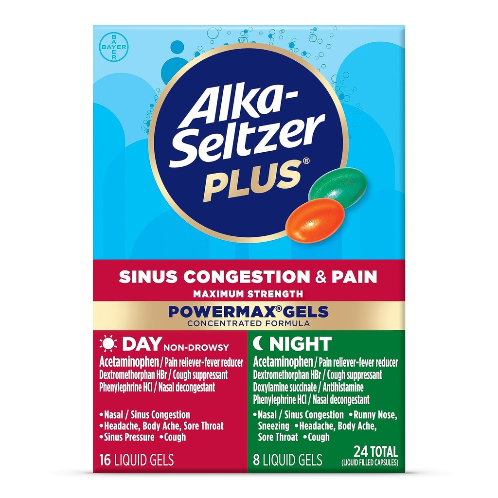 Alka-Seltzer Plus Maximale sterkte PowerMax Sinus Congestie & Pijn Geneeskunde, Dag + Nacht Liquid Gels - Krachtige verlichting voor koude en griep, + Sinus Congestie voor volwassenen en kinderen 12+ Jaar, 24 Tellen