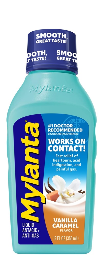 Mylanta Heartburn and Gas Relief, Liquid Antacid, Vanille Caramel smaak, 12 Fluid Ounce