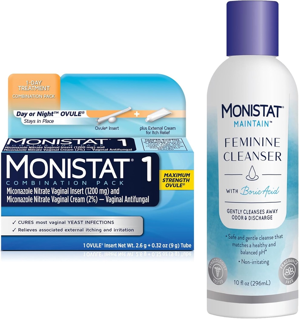 Monistat 1 jour traitement de l'infection des levures pour les femmes, 1 Miconazole ovule Insert et externe Monistat crème anti-Itch Bundle + 10 fl oz acide borique nettoyant féminin