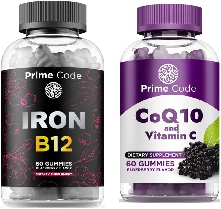 Prime Code Iron Gummies voor vrouwen en mannen met vitamine B12, [2 in 1] CoQ10 200mg & vitamine C 250mg Gummies