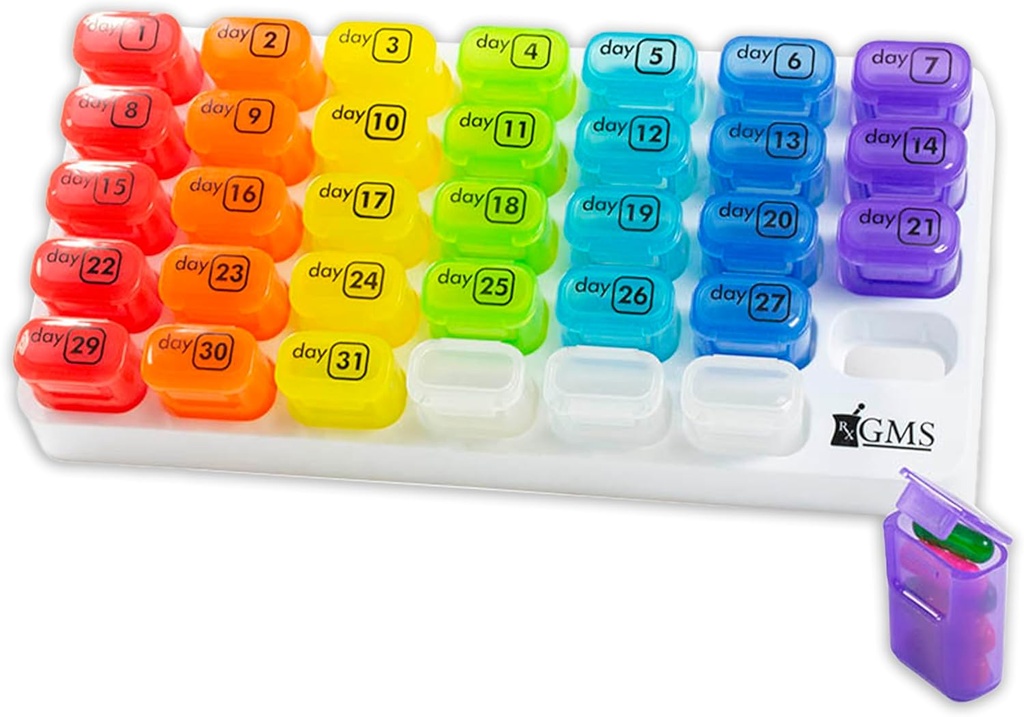 Maandelijkse pil Organisator - 31 dagen pop-out pil Pods voor supplementen, vitamines en medicijnen - Ideaal voor dagelijks gebruik en reizen - Regenboog