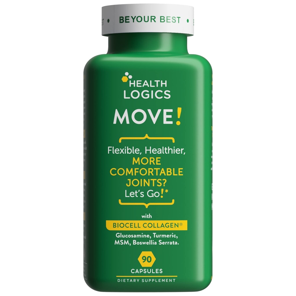Health Logics Move! Gezonde gewrichten met BioCell Collageen, Glucosamine, MSM, Vitamine C, Kurkuma Extract 95% Curcuminoïden, Boswellia Serrata Ondersteuning Joint Comfort 