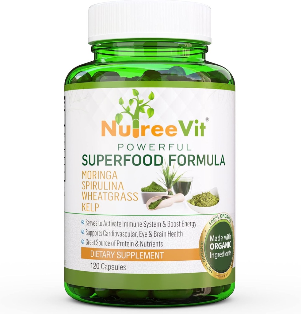 NutreeVit 100% Organic Powerful Superfood Formula - Immune System Booster Energy Pillen met Moringa, Spirulina, Tarwegras en Kelp - 240 Telfles