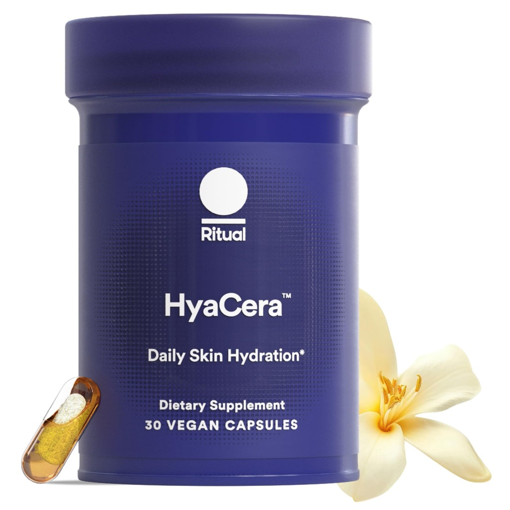 Rituele HyaCera huidsupplement voor rimpelondersteuning, met Hyabest® en Ceratiq® voor huidhydratatieondersteuning, Hyaluronzuur, glycolipiden, Ceramiden, Glutenvrij, Non-GMO, Vanille Essence, 30 dagen levering