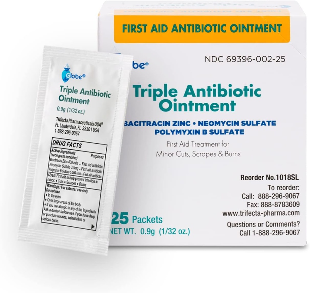 Globe (25 Pack Triple Antibiotische Zalf Single Packet, EHBO Kit voor kleine krabben, wonden, snijwonden en brandwonden, voorkomt infectie, actieve ingrediënten Vergelijk met toonaangevend merk, reisgrootte, 0,9g