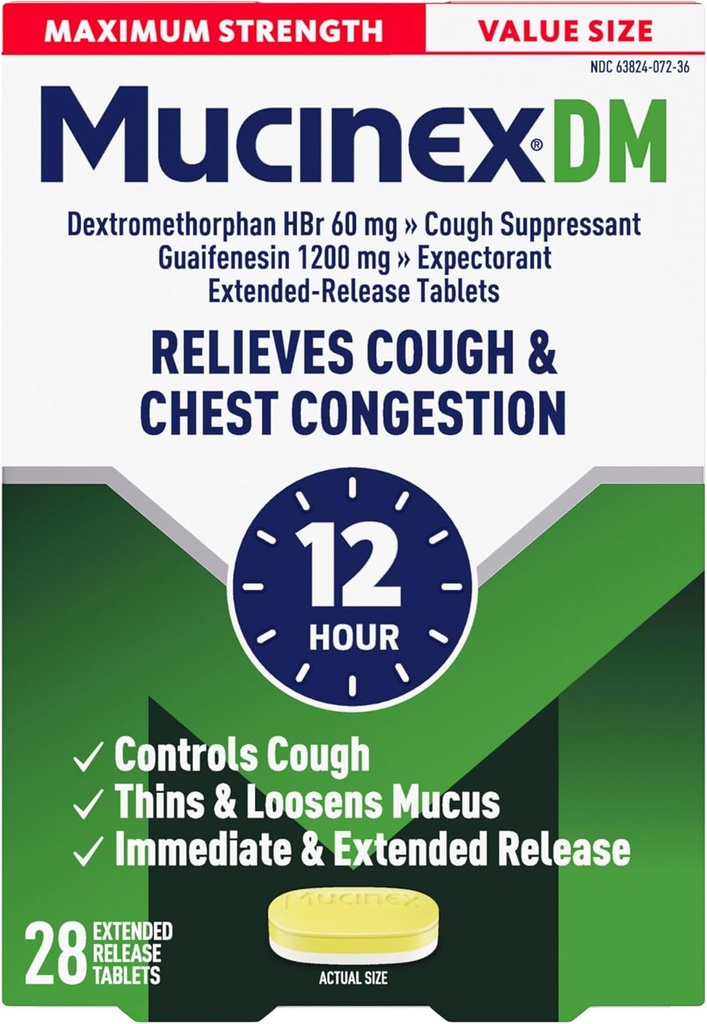 Mucinex Cough Suppressant en Expectorant, DM Maximale sterkte 12 uur tabletten, 28ct, 1200 mg Guaifenesin, Verlicht Borstcongestie, Quiets Nat en Droge Hoest, #1 Doctor Aanbevolen OTC Expectorant