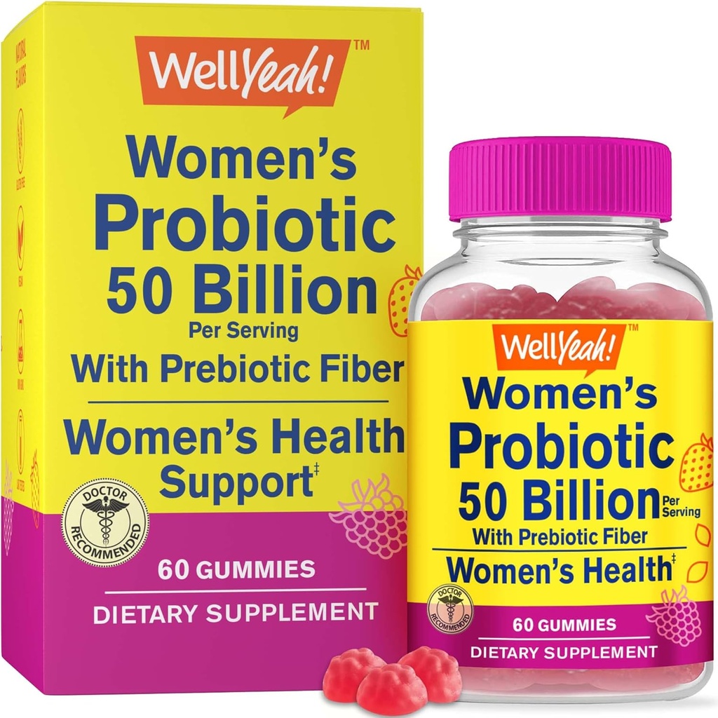 WellYeah Womens Probiotic 50 Miljard Gummies 12 Strains - met Prebiotic Fiber for Digestief - Vaginaal, Digestief, Immune Suport and Gut Health - Plank Stable Probiotic Gummies - 60 Gummies