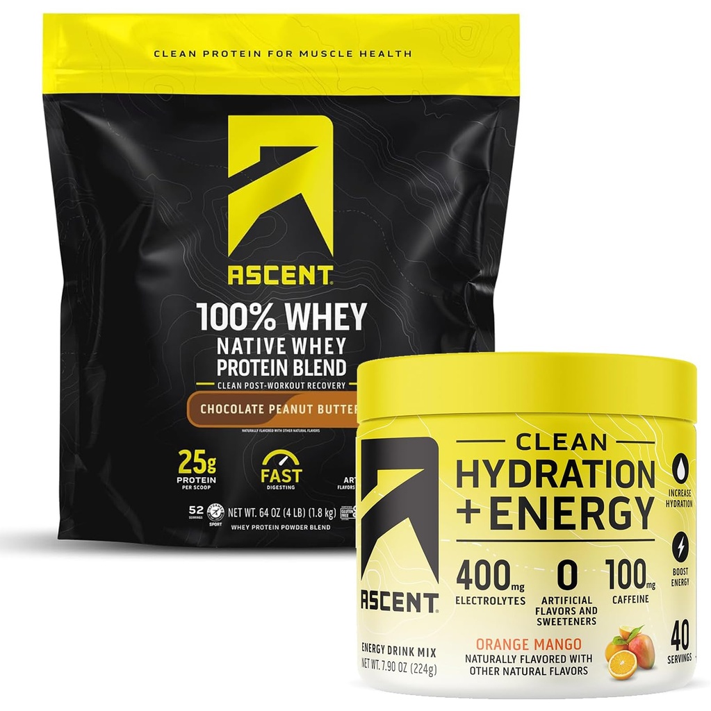 Ascence 100% poudre de protéines de lactosérum, beurre d'arachide au chocolat 4 lb & hydratation + électrolytes d'énergie, mangue orange 40 portions