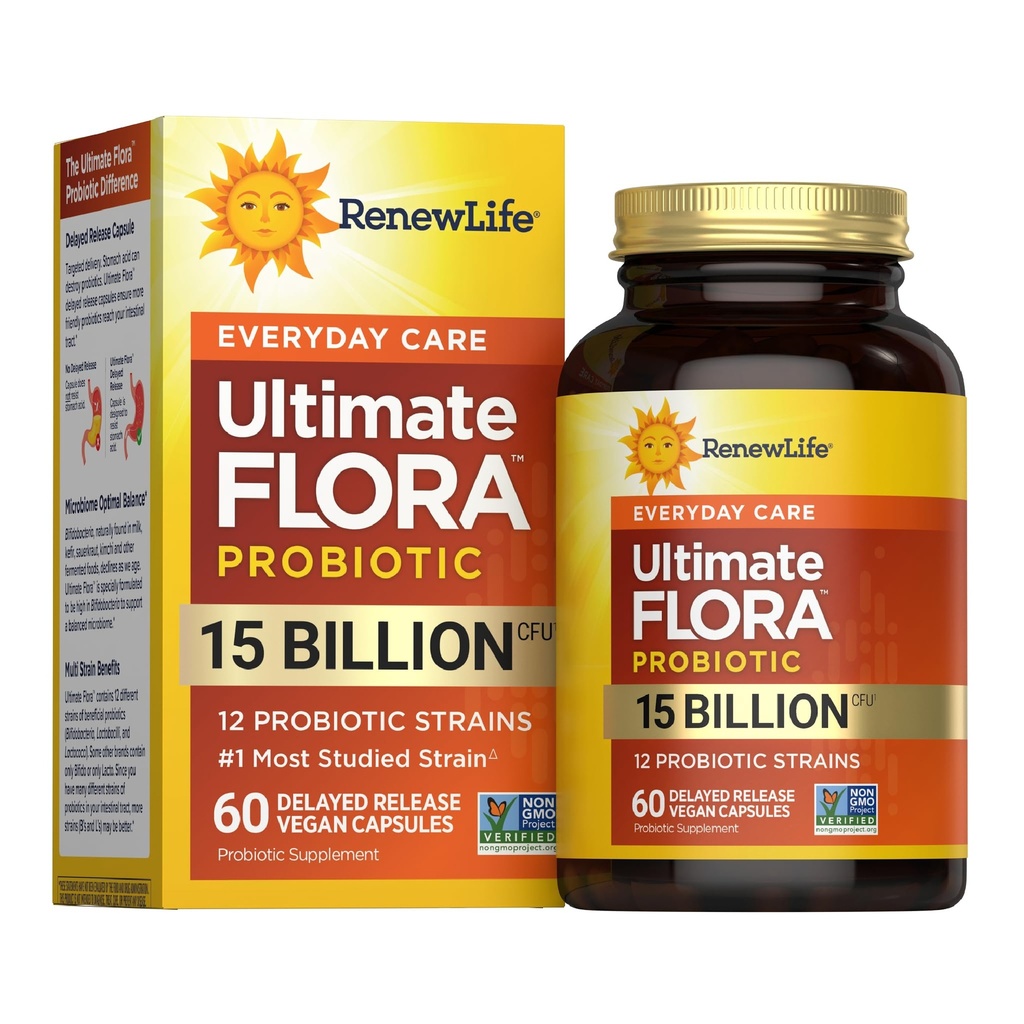 Renouveler la vie Chaque jour Capsules Probiotiques, Supplément quotidien soutient la santé urinaire, digestive et immunitaire, L. Rhamnosus GG, Laiterie, Soy et sans gluten, 15 Million CFU, 60 Compte